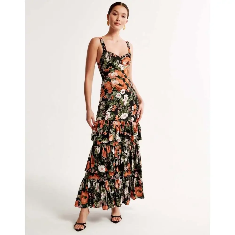 Abercrombie & Fitch Ruffle Tiered Floral Maxi Dress Black Size XS